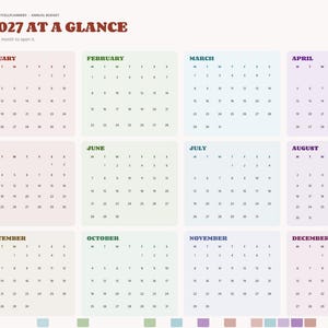 May include: A 2027 digital annual budget planner page titled 2027 AT A GLANCE. It features twelve monthly calendar grids in pastel-colored boxes, a left-hand navigation sidebar with labeled tabs, and a top header with the year 2027.