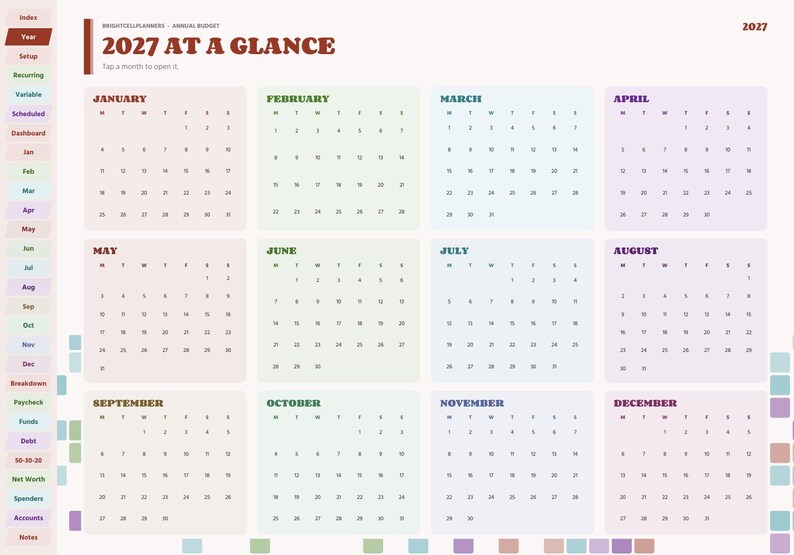 May include: A 2027 digital annual budget planner page titled 2027 AT A GLANCE. It features twelve monthly calendar grids in pastel-colored boxes, a left-hand navigation sidebar with labeled tabs, and a top header with the year 2027.