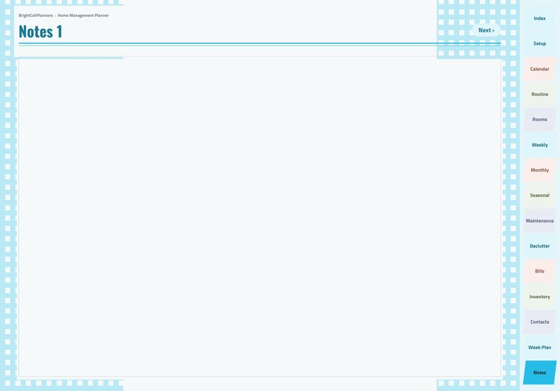 May include: A digital planner page titled Notes 1 with a light blue and white checkered border. The right side features a vertical navigation tab menu with labels including Index, Setup, Calendar, Routine, Rooms, Weekly, Monthly, Seasonal, Maintenance, Declutter, Bills, Inventory, Contacts, Week Plan, and Notes.