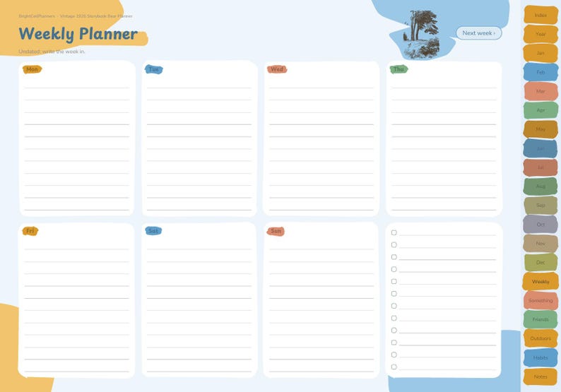 May include: A digital weekly planner page featuring the text Weekly Planner and Next week. It includes seven lined sections for days of the week, a checklist section, and a vertical sidebar with monthly and category tabs in various colors.