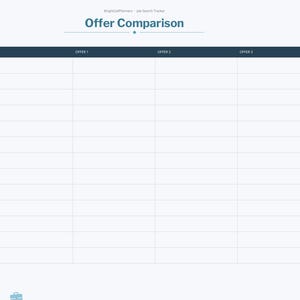 May include: A digital job search tracker page titled Offer Comparison with a table featuring columns for Offer 1, Offer 2, and Offer 3. Rows include factors like Company, Title, Base salary, Bonus, Equity, Benefits, and Gut feeling.