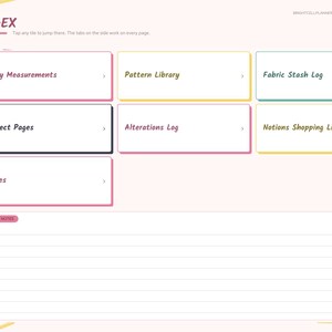 May include: A digital sewing project planner index page with a light pink background. It features navigation tabs on the left and clickable tiles labeled Body Measurements, Pattern Library, Fabric Stash Log, Project Pages, Alterations Log, Notions Shopping List, and Notes. A Quick Notes section with horizontal lines is at the bottom.