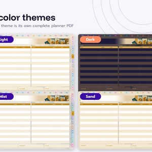 May include: Four digital planner PDF templates labeled Light, Dark, Mist, and Sand. Each layout features a grid-based schedule with horizontal rows, a top header with jar graphics, and side navigation tabs for organization and planning.