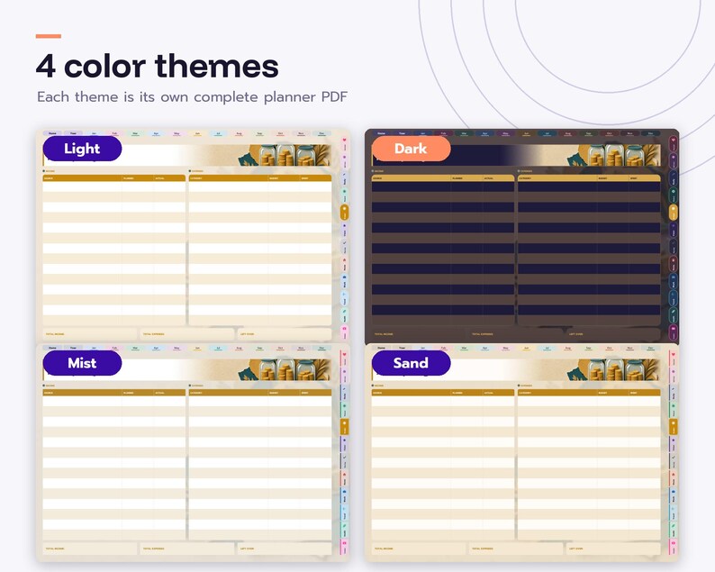 May include: Four digital planner PDF templates labeled Light, Dark, Mist, and Sand. Each layout features a grid-based schedule with horizontal rows, a top header with jar graphics, and side navigation tabs for organization and planning.