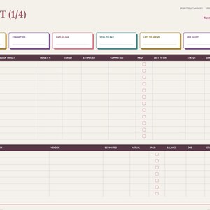 May include: A digital wedding budget planner page titled BUDGET (1/4) with sections for total budget, committed, paid, still to pay, left to spend, and per guest. It includes a table with categories like venue, catering, and photography.