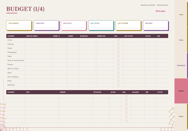 May include: A digital wedding budget planner page titled BUDGET (1/4) with sections for total budget, committed, paid, still to pay, left to spend, and per guest. It includes a table with categories like venue, catering, and photography.