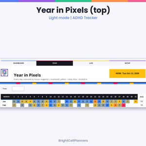 Puede incluir: Una interfaz digital de seguimiento de TDAH Year in Pixels en modo claro. El panel presenta una cuadr&iacute;cula para enero y febrero con d&iacute;as numerados y niveles de enfoque codificados por colores. Texto: Year in Pixels, Light mode, ADHD Tracker, NOW: Tue Oct 13, 2026.