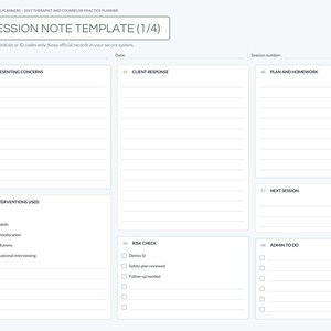 May include: A digital session note template for therapists and counselors featuring sections for presenting concerns, client response, plan and homework, interventions used, risk check, next session, and admin to-do tasks with checkboxes.