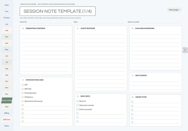 May include: A digital session note template for therapists and counselors featuring sections for presenting concerns, client response, plan and homework, interventions used, risk check, next session, and admin to-do tasks with checkboxes.