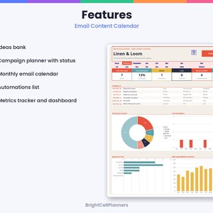 May include: An email content calendar digital planner featuring a list of features including an ideas bank, campaign planner, monthly calendar, automations list, and metrics tracker dashboard with charts and data tables.