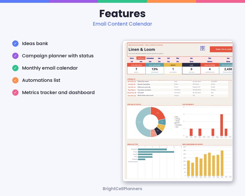 May include: An email content calendar digital planner featuring a list of features including an ideas bank, campaign planner, monthly calendar, automations list, and metrics tracker dashboard with charts and data tables.