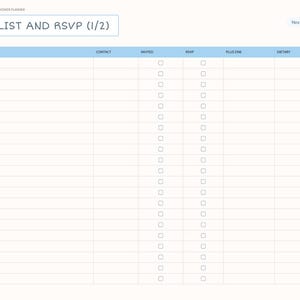 May include: A digital planner page titled GUEST LIST AND RSVP (1/2) with columns for name, contact, invited, RSVP, plus-one, and dietary needs. The layout features a light blue header, white rows, and a side navigation tab labeled Guests.
