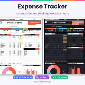 May include: An expense tracker spreadsheet for Excel and Google Sheets featuring two dashboard views in light and dark modes. The interface displays an expense dashboard with categories, budget tracking, spending mix charts, and monthly data.