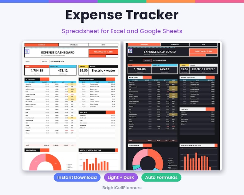 May include: An expense tracker spreadsheet for Excel and Google Sheets featuring two dashboard views in light and dark modes. The interface displays an expense dashboard with categories, budget tracking, spending mix charts, and monthly data.