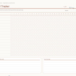 May include: A digital habit tracker planner page with a light background and brown text. It features a grid of circles for daily tracking, a section for notes, and a section for wins and tiny steps. The left side has navigation tabs including Index, Key, Future, Monthly, Collections, Dot Grid, Habits, Mood, and Notes.