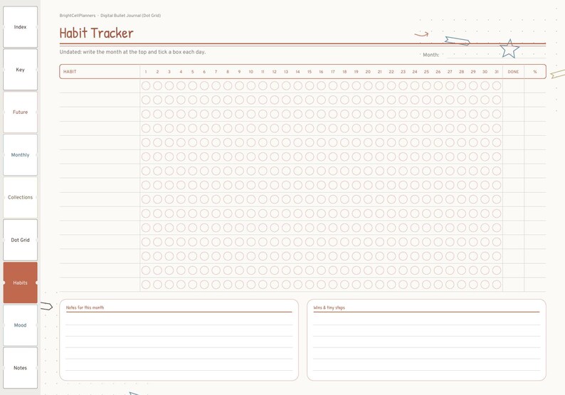 May include: A digital habit tracker planner page with a light background and brown text. It features a grid of circles for daily tracking, a section for notes, and a section for wins and tiny steps. The left side has navigation tabs including Index, Key, Future, Monthly, Collections, Dot Grid, Habits, Mood, and Notes.