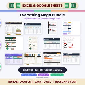 May include: A digital product bundle featuring 71 spreadsheets for Excel and Google Sheets. The graphic displays various dashboard layouts with charts, tables, and data visualizations. Text includes Everything Mega Bundle, Auto Formulas, Fully Editable, Mac, PC & Mobile, and Instant Access.