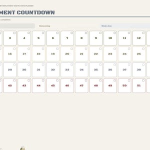 May include: A digital planner page titled Deployment Countdown with a grid of 52 numbered boxes for tracking weeks. The layout includes fields for start date, homecoming, and weeks down, with a sidebar listing sections like Index and Orders.