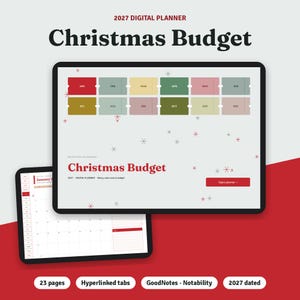 Peut inclure: Un planificateur num&eacute;rique 2027 pour le budget de No&euml;l affich&eacute; sur deux &eacute;crans de tablette. L'interface pr&eacute;sente des onglets mensuels rouges, verts et dor&eacute;s, avec le texte Christmas Budget, 2027 Digital Planner et Open planner.