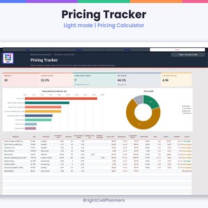 May include: A digital Pricing Tracker dashboard by BrightCellPlanners featuring a light mode interface. It displays a pricing calculator, a horizontal bar chart for top products by profit, a donut chart for price health, and a detailed data table.