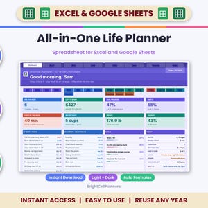 May include: An All-in-One Life Planner spreadsheet for Excel and Google Sheets featuring a dashboard with sections for tasks, habits, goals, and health tracking. The interface displays text including Good morning, Sam and various metrics.