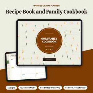 May include: An undated digital planner titled Recipe Book and Family Cookbook. The screen displays a brown circle with the text Our Family Cookbook and a button labeled Open planner. The background features small wheat icons.