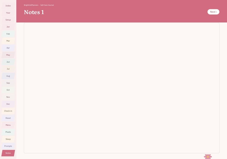 May include: A digital planner page titled Notes 1 with a rose-coloured header and a white writing area. A vertical navigation sidebar on the left features tabs labelled Index, Year, Setup, Jan through Dec, Check-in, Reset, Menu, Pixels, Sleep, Prompts, and Notes.
