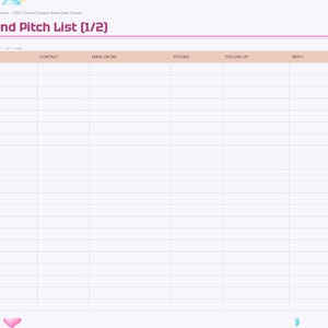 May include: A digital planner page titled Brand Pitch List (1/2) with a table featuring columns for Brand, Contact, Email or DM, Pitched, Follow-up, Reply, and Status. The sidebar lists months and categories like Pitches and Pipeline.