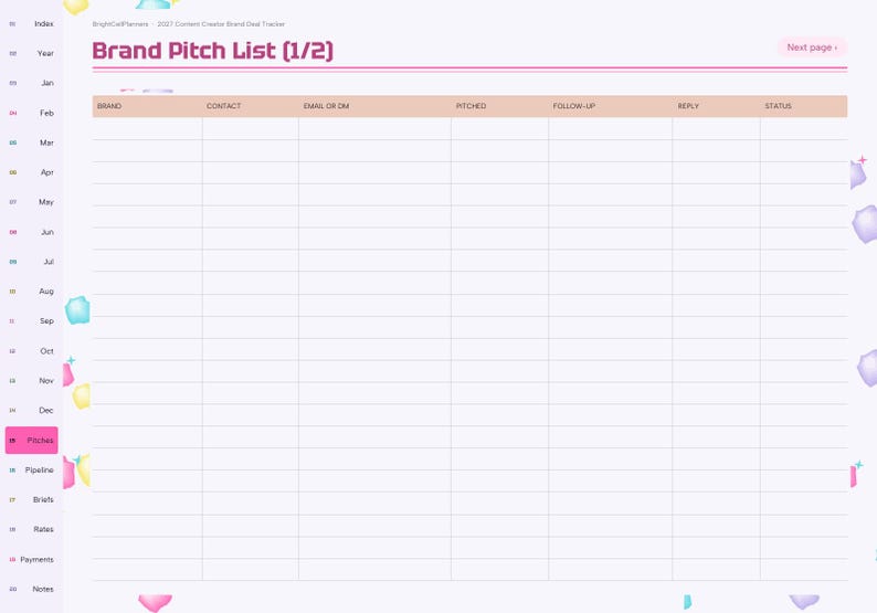 May include: A digital planner page titled Brand Pitch List (1/2) with a table featuring columns for Brand, Contact, Email or DM, Pitched, Follow-up, Reply, and Status. The sidebar lists months and categories like Pitches and Pipeline.