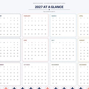 May include: A 2027 digital planner page titled 2027 AT A GLANCE, featuring twelve monthly calendar grids with dotted borders. A vertical navigation sidebar on the left lists months and categories like CE Credits and Self-Care. Red and blue plus signs decorate the bottom border.