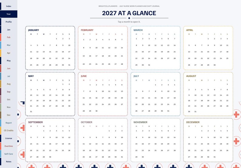 May include: A 2027 digital planner page titled 2027 AT A GLANCE, featuring twelve monthly calendar grids with dotted borders. A vertical navigation sidebar on the left lists months and categories like CE Credits and Self-Care. Red and blue plus signs decorate the bottom border.