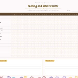 May include: A digital pet care planner page titled Feeding and Meds Tracker with a brown header, a grid for 31 days, and rows for breakfast, dinner, water, treats, medications, supplements, and flea, tick, and heartworm prevention tasks.
