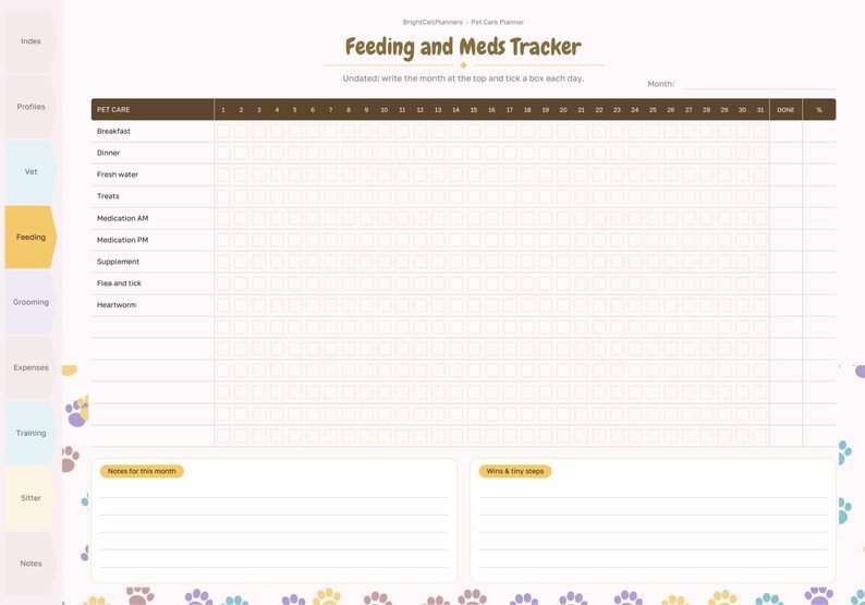 May include: A digital pet care planner page titled Feeding and Meds Tracker with a brown header, a grid for 31 days, and rows for breakfast, dinner, water, treats, medications, supplements, and flea, tick, and heartworm prevention tasks.