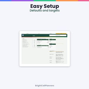 May include: A digital spreadsheet interface displayed on a tablet screen titled Easy Setup Defaults and targets. The layout features columns for settings, values, and categories with green headers and white text. BrightCellPlanners is at the bottom.