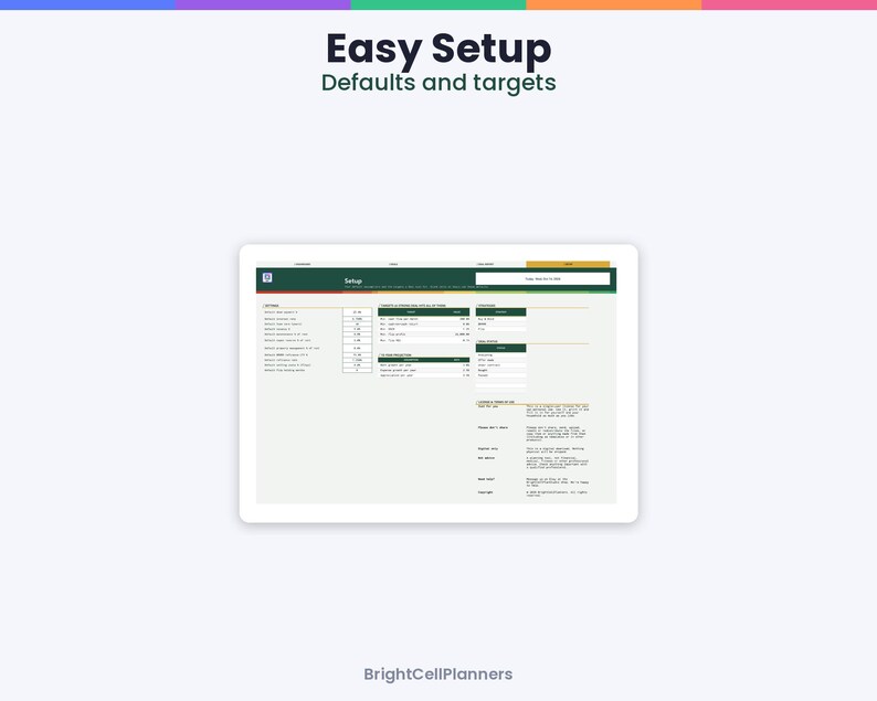 May include: A digital spreadsheet interface displayed on a tablet screen titled Easy Setup Defaults and targets. The layout features columns for settings, values, and categories with green headers and white text. BrightCellPlanners is at the bottom.