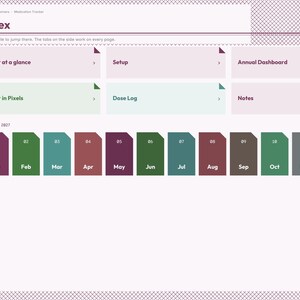 May include: A digital planner index page for 2027 featuring a sidebar with navigation tabs. The main area includes tiles for Year at a glance, Setup, Annual Dashboard, Year in Pixels, Dose Log, and Notes, plus twelve monthly color-coded buttons.