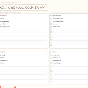 May include: A digital planner page titled BACK-TO-SCHOOL COUNTDOWN with a sidebar menu. It features four sections: FOUR WEEKS BEFORE, TWO WEEKS BEFORE, THE WEEK BEFORE, and FIRST DAY, each containing checkboxes and blank lines for task tracking.