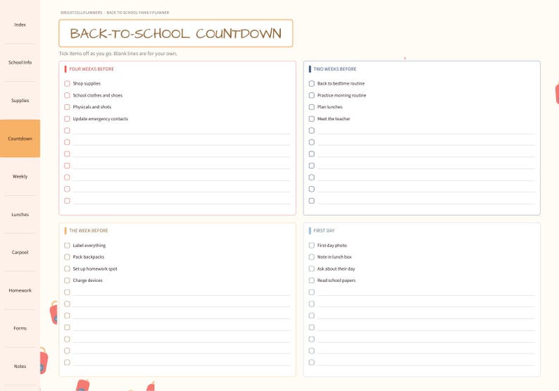 May include: A digital planner page titled BACK-TO-SCHOOL COUNTDOWN with a sidebar menu. It features four sections: FOUR WEEKS BEFORE, TWO WEEKS BEFORE, THE WEEK BEFORE, and FIRST DAY, each containing checkboxes and blank lines for task tracking.