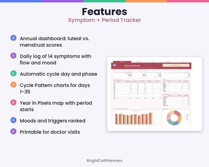 Peut inclure: Un tableau de bord num&eacute;rique de suivi des sympt&ocirc;mes et des r&egrave;gles comprenant un aper&ccedil;u annuel, des journaux quotidiens, le suivi des phases du cycle, des graphiques, une carte annuelle, des classements d'humeur et un format imprimable.