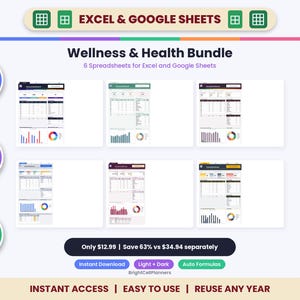 May include: A Wellness & Health Bundle featuring 6 spreadsheets for Excel and Google Sheets. The digital product includes auto formulas, is fully editable, and compatible with Mac, PC, and mobile devices. The layout displays six distinct dashboard previews with charts, graphs, and data tables.