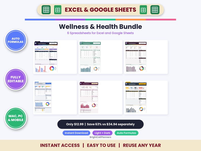 May include: A Wellness & Health Bundle featuring 6 spreadsheets for Excel and Google Sheets. The digital product includes auto formulas, is fully editable, and compatible with Mac, PC, and mobile devices. The layout displays six distinct dashboard previews with charts, graphs, and data tables.