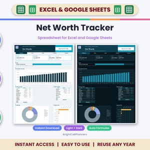 Net Worth Tracker Spreadsheet for Excel & Google Sheets - Assets, Liabilities and Progress Charts image 1