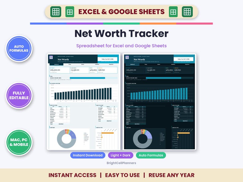 Net Worth Tracker Spreadsheet for Excel & Google Sheets - Assets, Liabilities and Progress Charts image 1