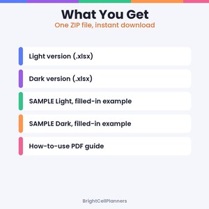 Puede incluir: Una lista de productos digitales titulada What You Get, One ZIP file, instant download. Incluye Light version (.xlsx), Dark version (.xlsx), SAMPLE Light, filled-in example, SAMPLE Dark, filled-in example y How-to-use PDF guide.