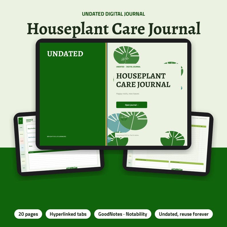 May include: An undated digital Houseplant Care Journal displayed on tablet screens. The interface features dark green and white pages with leaf graphics, index tabs, and text including Houseplant Care Journal and Happy roots, new leaves.