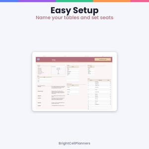 May include: A digital planner interface titled Easy Setup Name your tables and set seats. The screen displays a table setup form with fields for table names, seat counts, and guest lists, featuring a maroon header and light pink background.