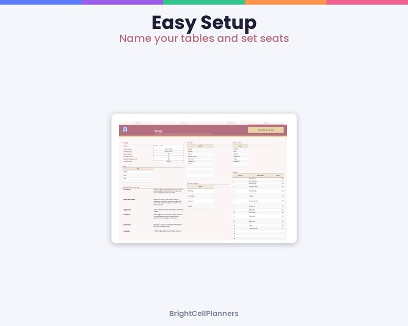 May include: A digital planner interface titled Easy Setup Name your tables and set seats. The screen displays a table setup form with fields for table names, seat counts, and guest lists, featuring a maroon header and light pink background.