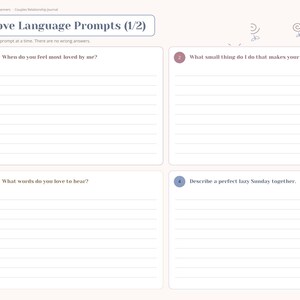 May include: A digital journal page titled Love Language Prompts (1/2) with four numbered sections containing questions about relationships. The layout features a sidebar with navigation icons and lined spaces for written responses.
