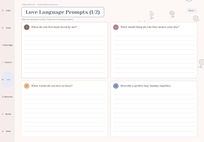 May include: A digital journal page titled Love Language Prompts (1/2) with four numbered sections containing questions about relationships. The layout features a sidebar with navigation icons and lined spaces for written responses.