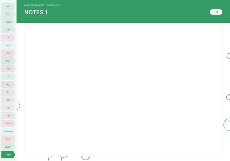 May include: A digital planner page titled NOTES 1 with a green header and a white central writing area. The left side features a vertical navigation bar with pastel-colored tabs labeled Index, Year, Setup, and months from Jan to Dec, plus Tasks and Weekly.